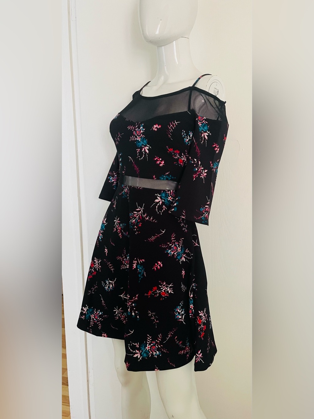 Guess Black Floral Mesh-Trim Fit & Flare Dress